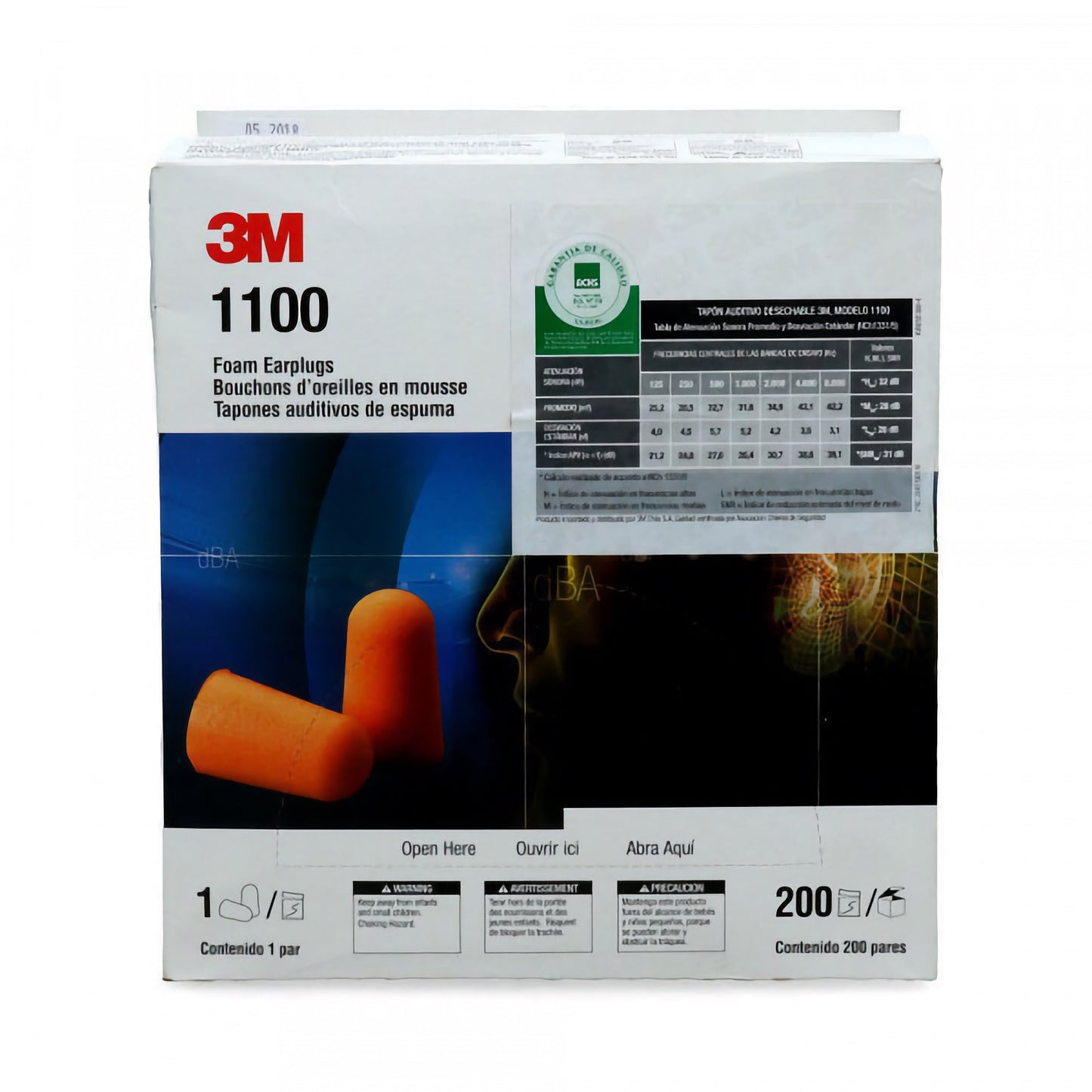 3M™ Tapones Auditivos de Espuma 1100, Sin Cordón. 200 pares